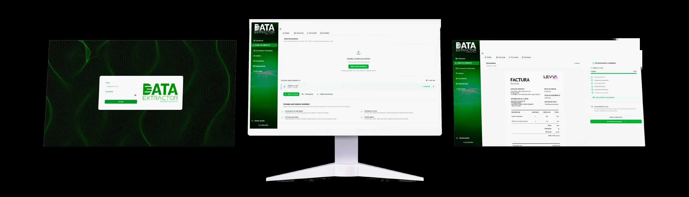 Vista de Data Extractor procesando facturas y documentos contables